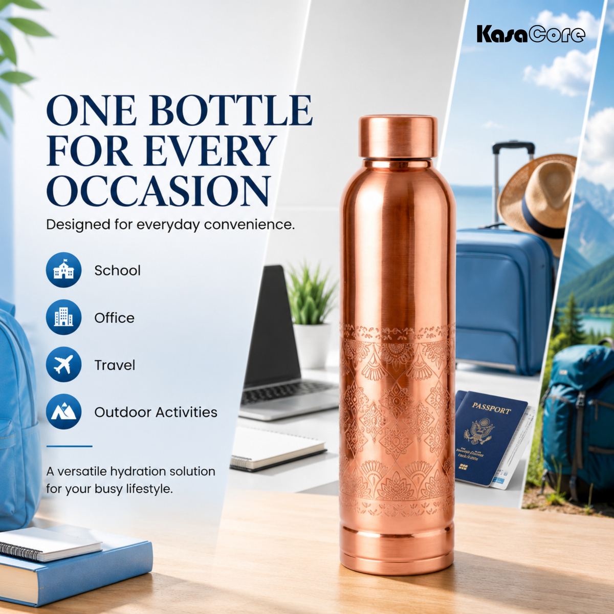 KasaCore Handcrafted Engraved Copper Bottle 950ml