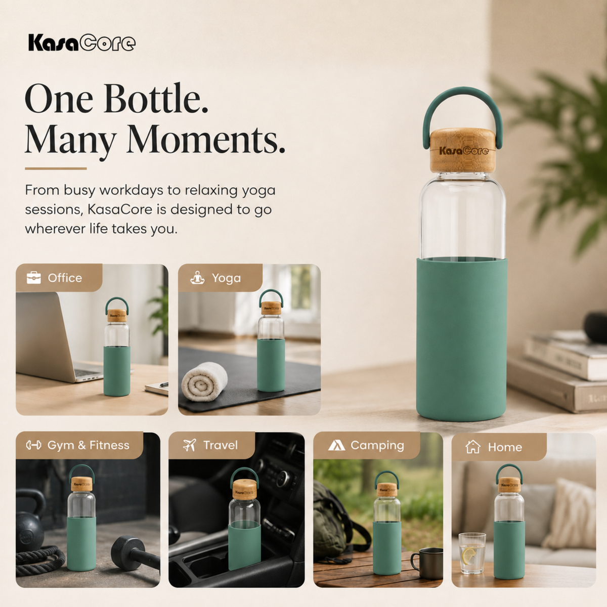 KasaCore Borosilicate Glass Bottle 500ml – Green Sleeve