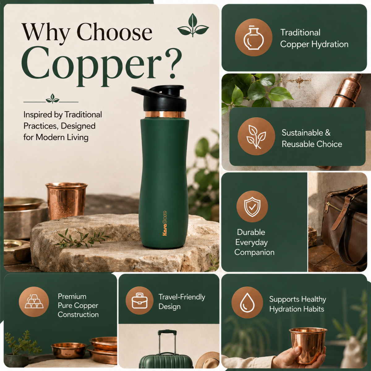 KasaCore Green Matte Copper Sipper 750ml – Flip Top