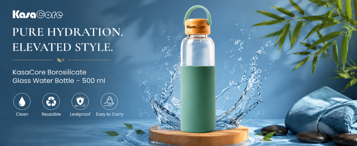 KasaCore Borosilicate Glass Bottle 500ml – Green Sleeve detail 1