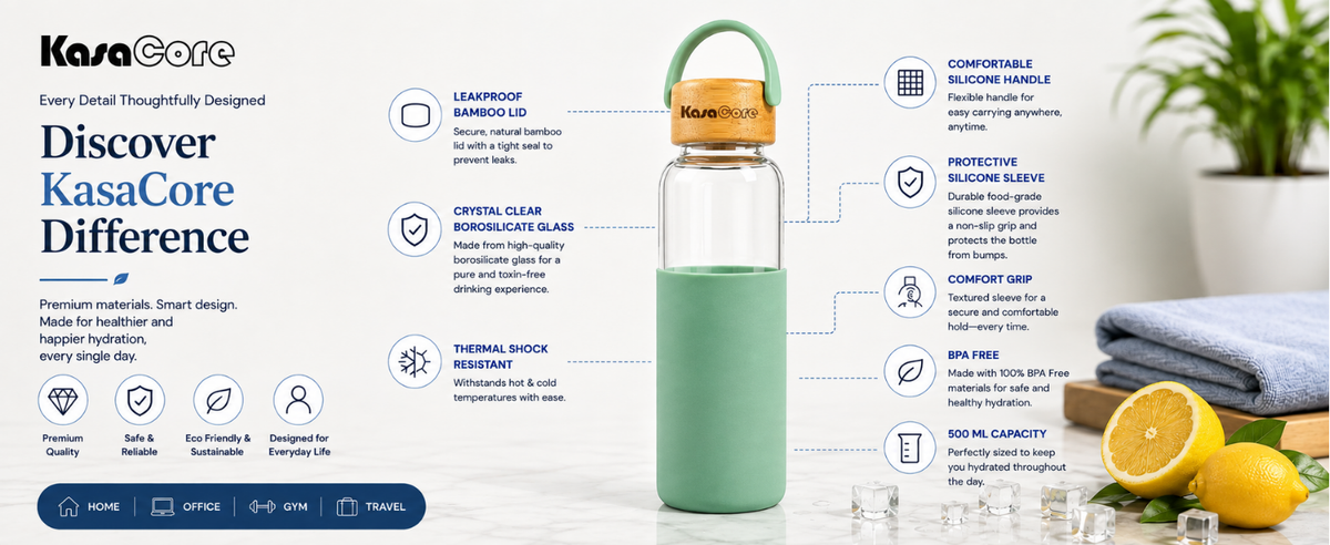 KasaCore Borosilicate Glass Bottle 500ml – Green Sleeve detail 5