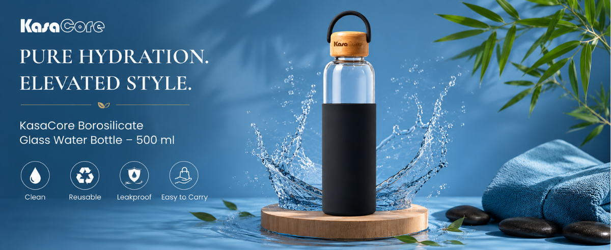KasaCore Borosilicate Glass Bottle 500ml – Black Sleeve detail 1