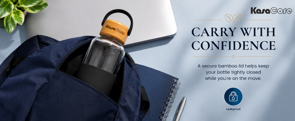 KasaCore Borosilicate Glass Bottle 500ml – Black Sleeve detail 2
