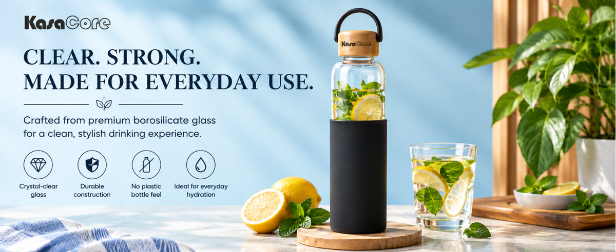 KasaCore Borosilicate Glass Bottle 500ml – Black Sleeve detail 3