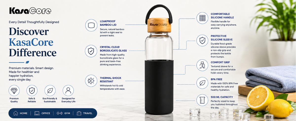 KasaCore Borosilicate Glass Bottle 500ml – Black Sleeve detail 5