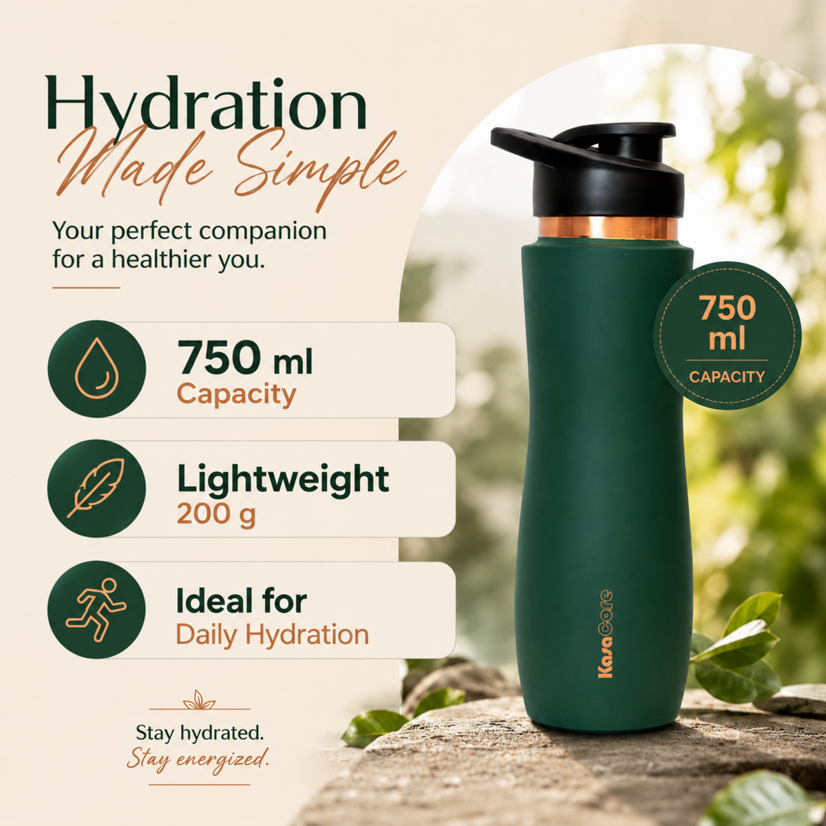 KasaCore Green Matte Copper Sipper 750ml – Flip Top