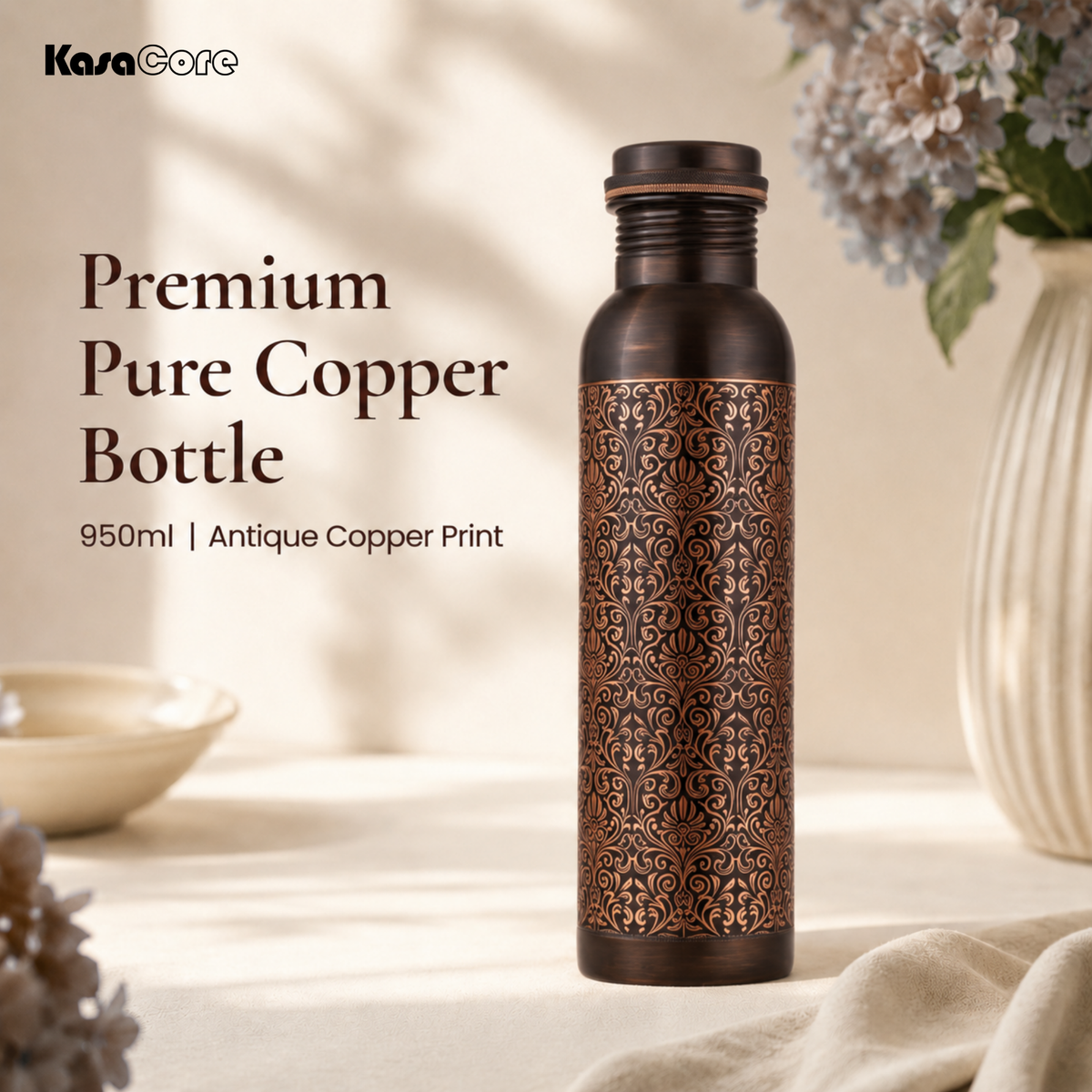 KasaCore Engraved Copper Bottle 950ml – Leakproof