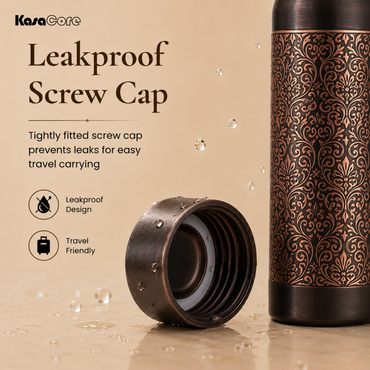 KasaCore Engraved Copper Bottle 950ml – Leakproof