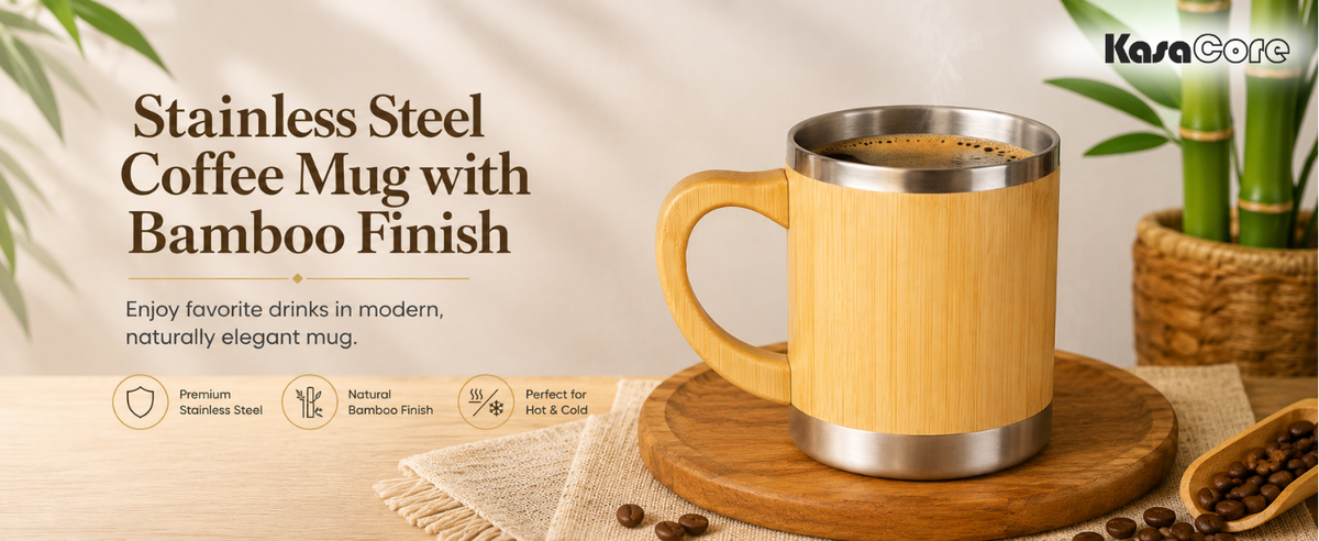 KasaCore Stainless Steel Bamboo Finish Coffee Mug detail 1