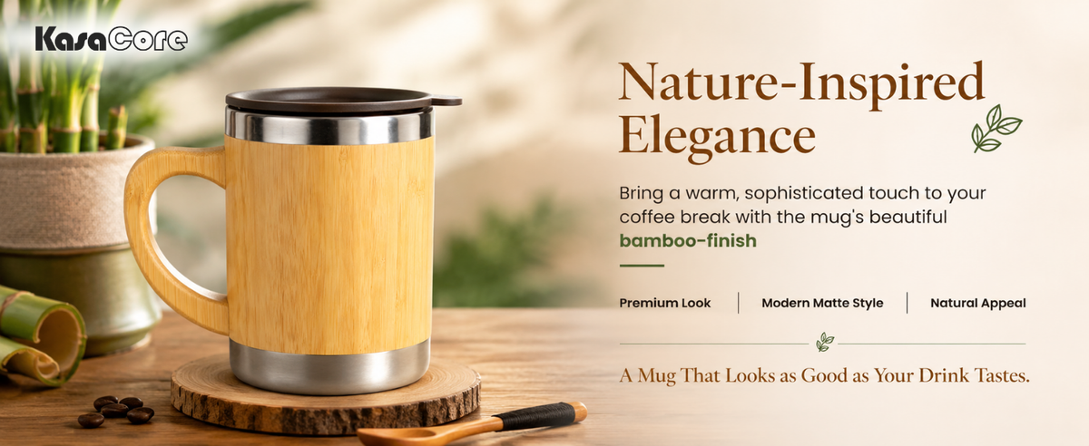 KasaCore Stainless Steel Bamboo Finish Coffee Mug detail 2