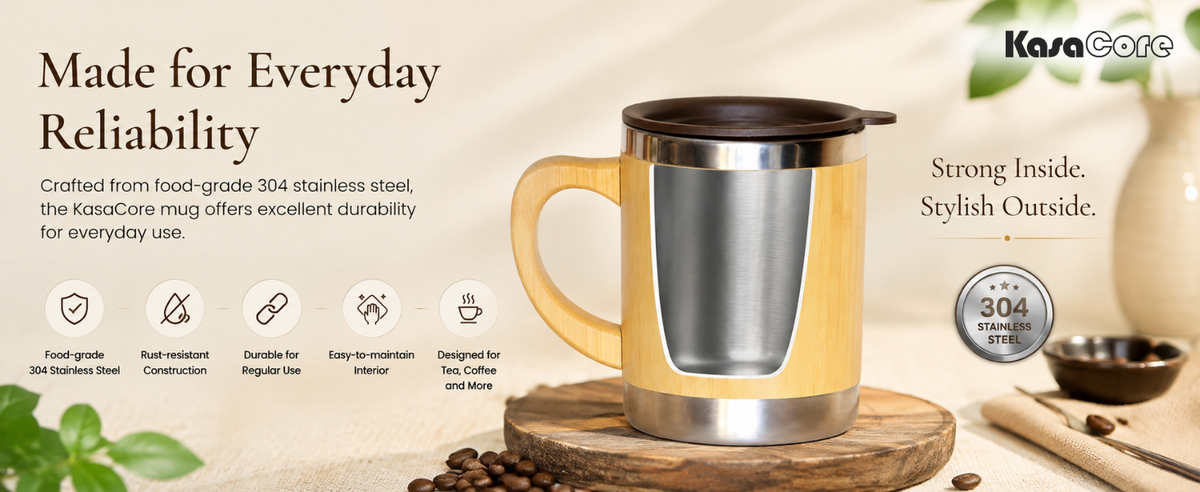KasaCore Stainless Steel Bamboo Finish Coffee Mug detail 3