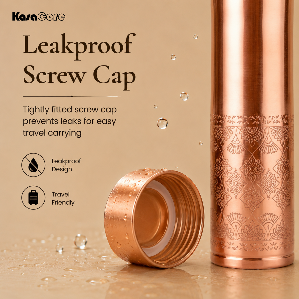 KasaCore Handcrafted Engraved Copper Bottle 950ml