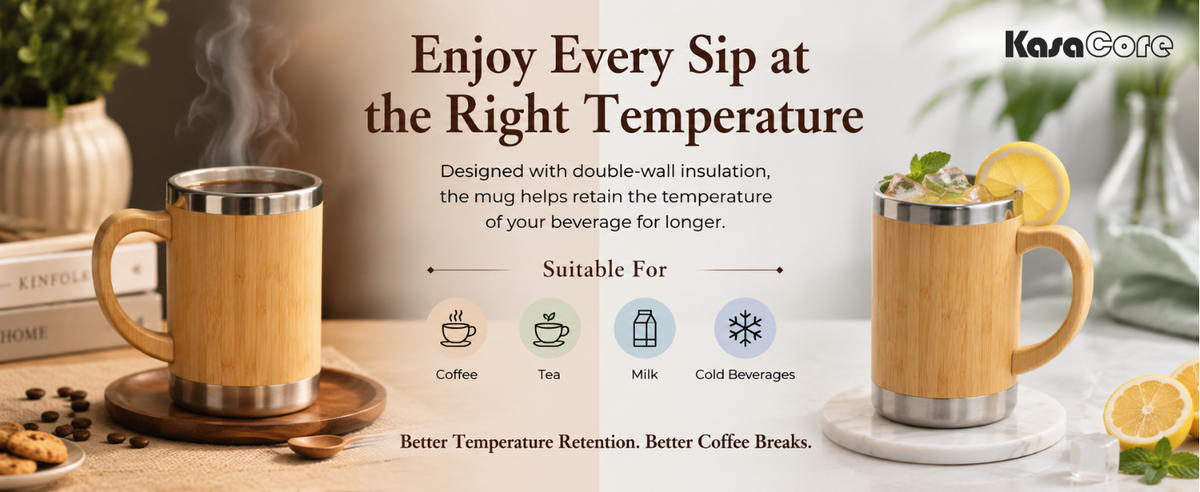 KasaCore Stainless Steel Bamboo Finish Coffee Mug detail 4