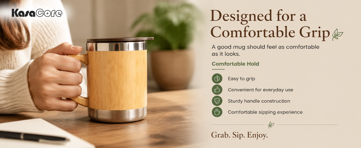 KasaCore Stainless Steel Bamboo Finish Coffee Mug detail 5