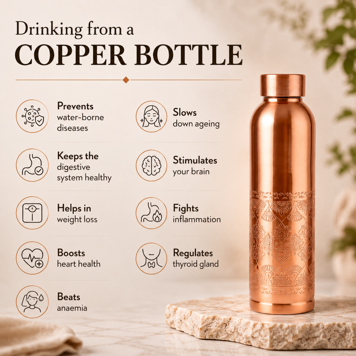 KasaCore Handcrafted Engraved Copper Bottle 950ml