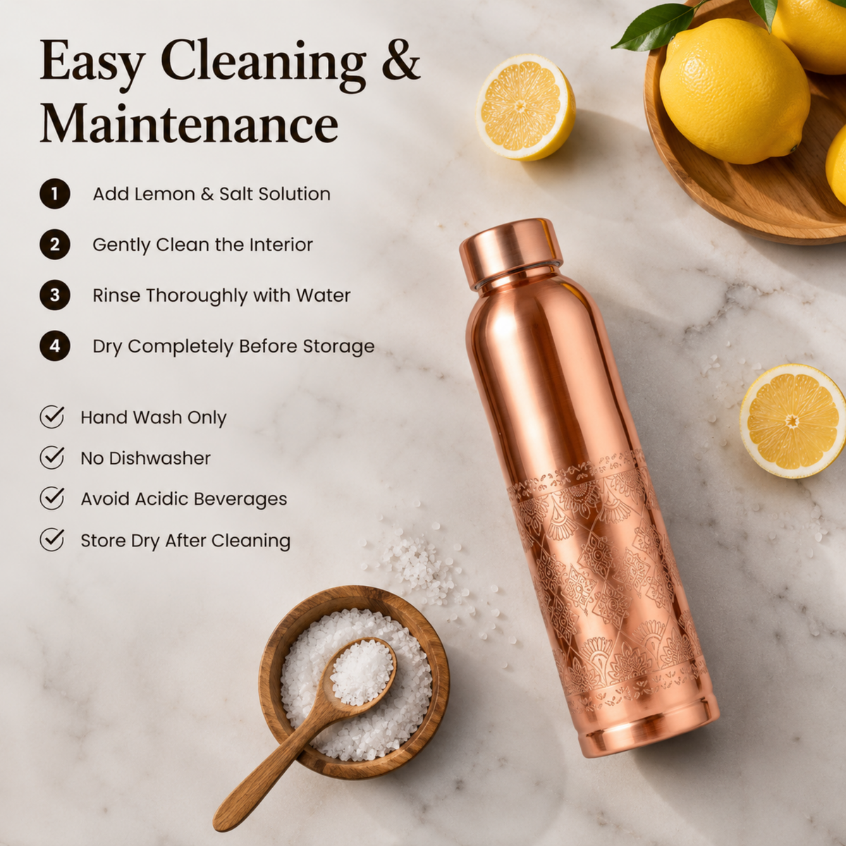 KasaCore Handcrafted Engraved Copper Bottle 950ml