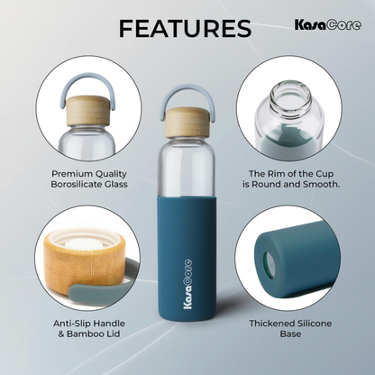 KasaCore Borosilicate Glass Bottle 500ml – Blue Sleeve