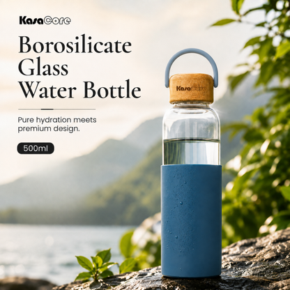 KasaCore Borosilicate Glass Bottle 500ml – Blue Sleeve