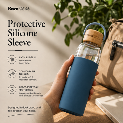 KasaCore Borosilicate Glass Bottle 500ml – Blue Sleeve