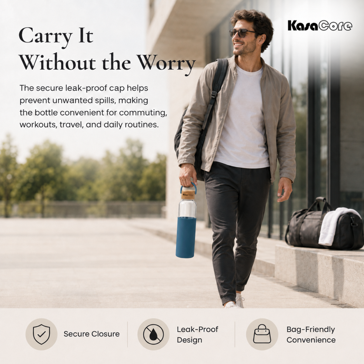 KasaCore Borosilicate Glass Bottle 500ml – Blue Sleeve