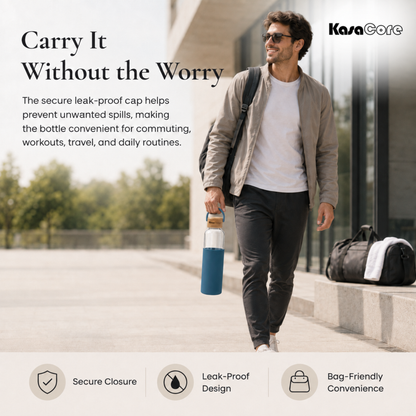 KasaCore Borosilicate Glass Bottle 500ml – Blue Sleeve