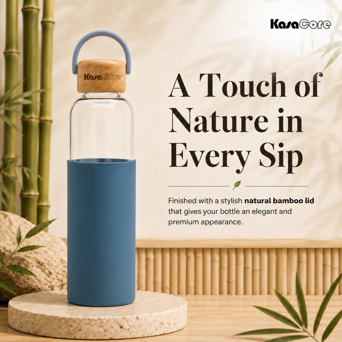 KasaCore Borosilicate Glass Bottle 500ml – Blue Sleeve