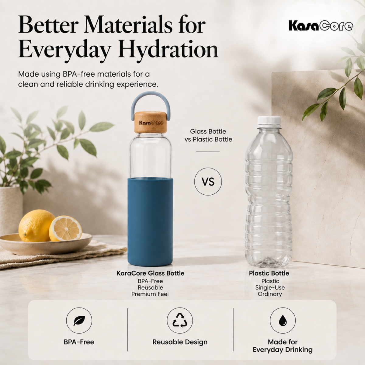 KasaCore Borosilicate Glass Bottle 500ml – Blue Sleeve