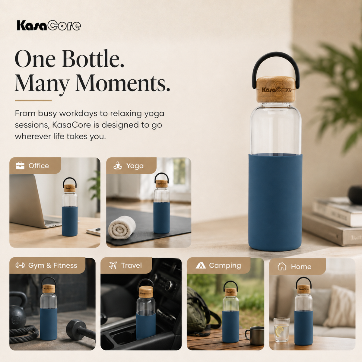 KasaCore Borosilicate Glass Bottle 500ml – Blue Sleeve
