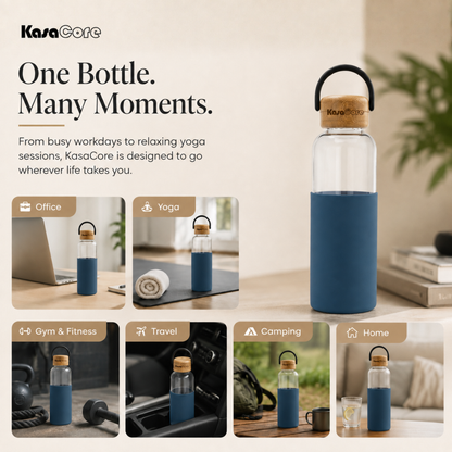 KasaCore Borosilicate Glass Bottle 500ml – Blue Sleeve