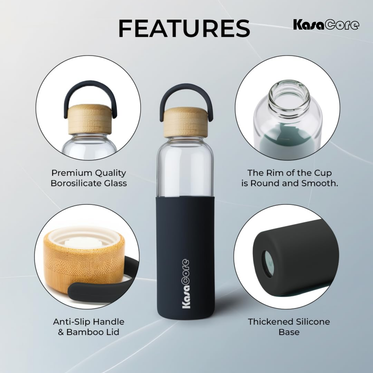 KasaCore Borosilicate Glass Bottle 500ml – Black Sleeve