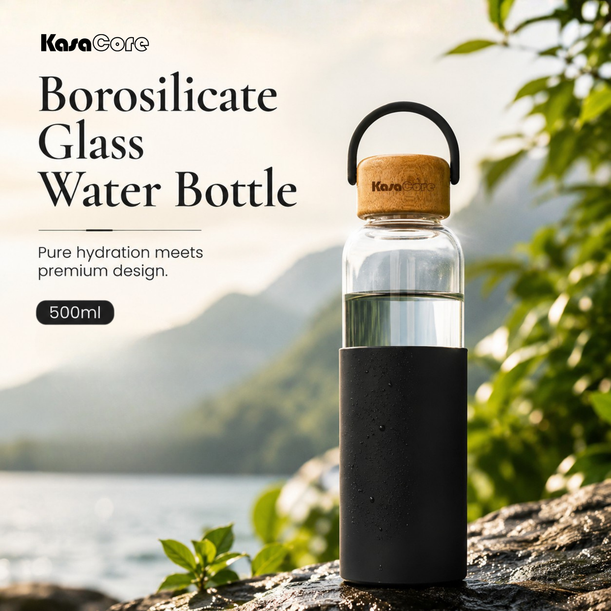 KasaCore Borosilicate Glass Bottle 500ml – Black Sleeve