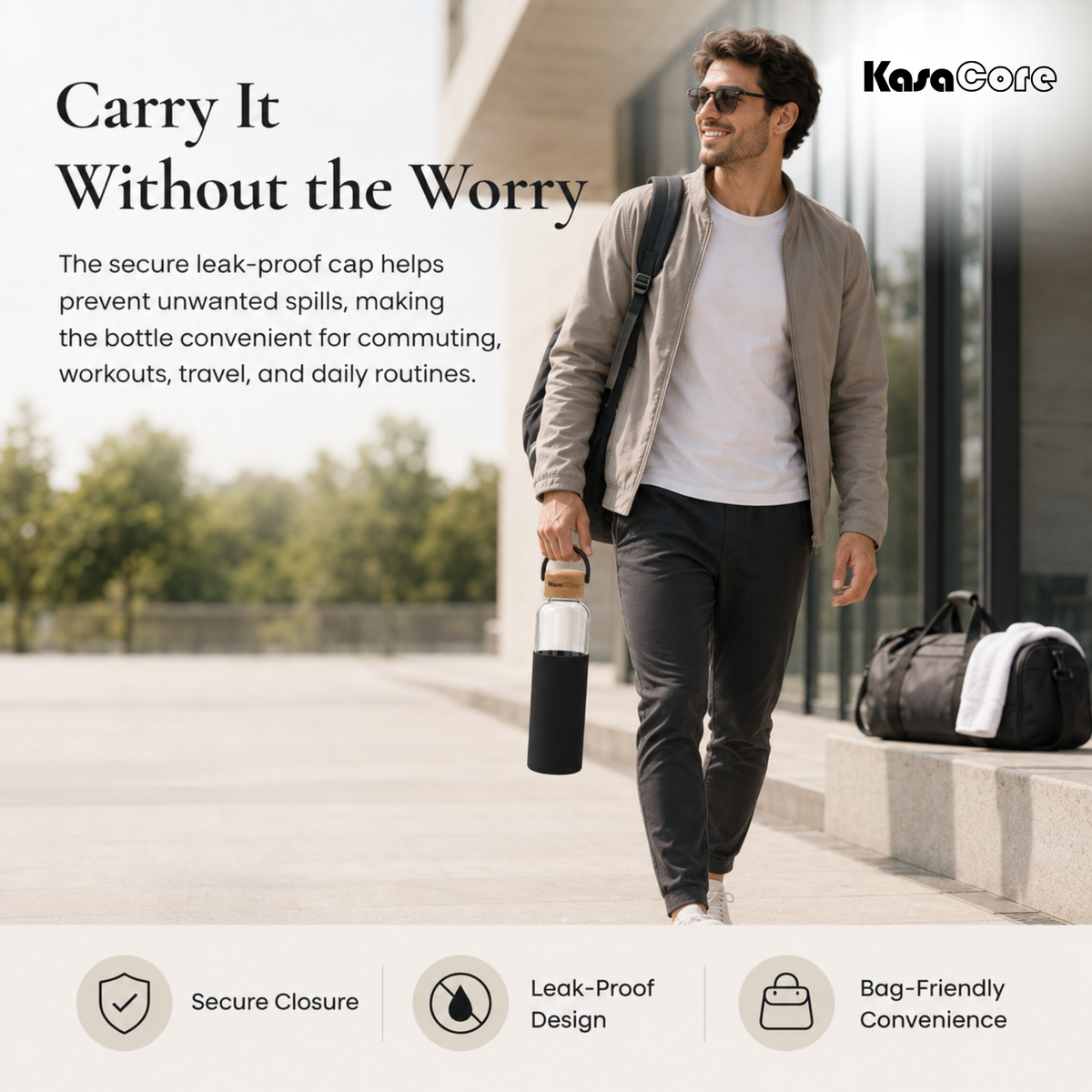 KasaCore Borosilicate Glass Bottle 500ml – Black Sleeve