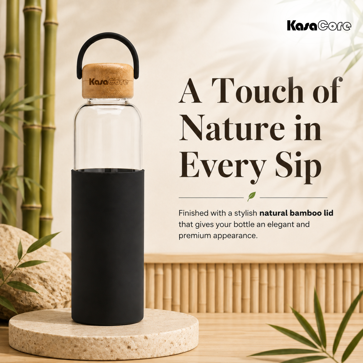 KasaCore Borosilicate Glass Bottle 500ml – Black Sleeve