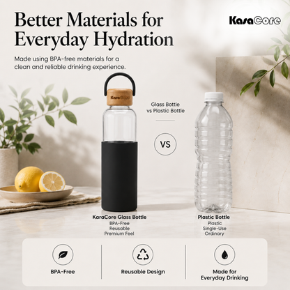 KasaCore Borosilicate Glass Bottle 500ml – Black Sleeve