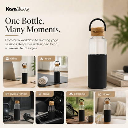 KasaCore Borosilicate Glass Bottle 500ml – Black Sleeve