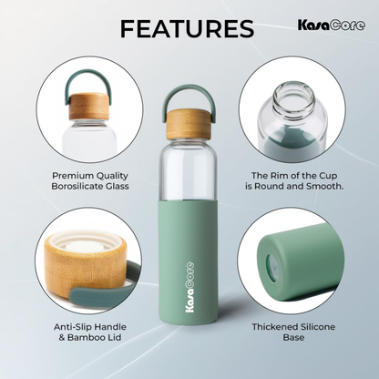 KasaCore Borosilicate Glass Bottle 500ml – Green Sleeve
