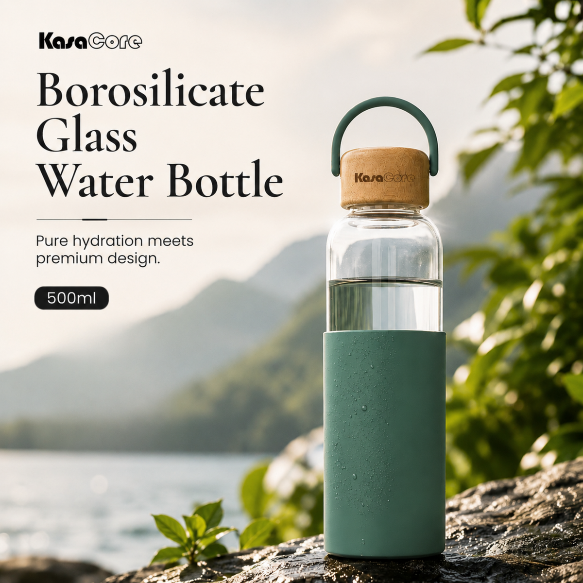 KasaCore Borosilicate Glass Bottle 500ml – Green Sleeve