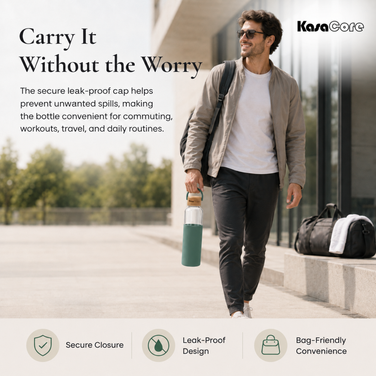 KasaCore Borosilicate Glass Bottle 500ml – Green Sleeve
