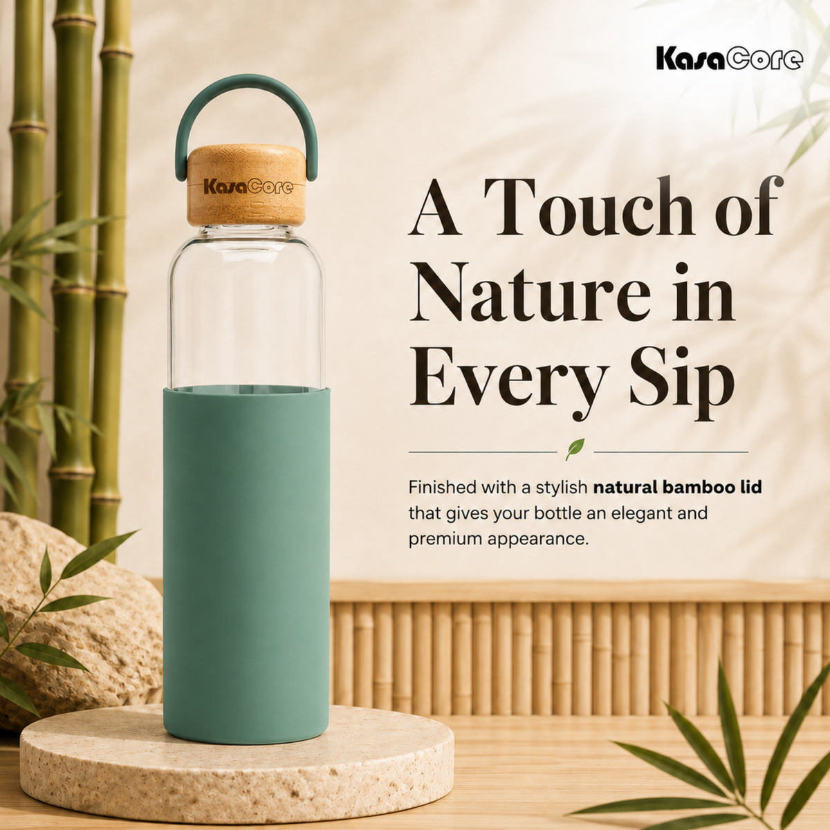 KasaCore Borosilicate Glass Bottle 500ml – Green Sleeve