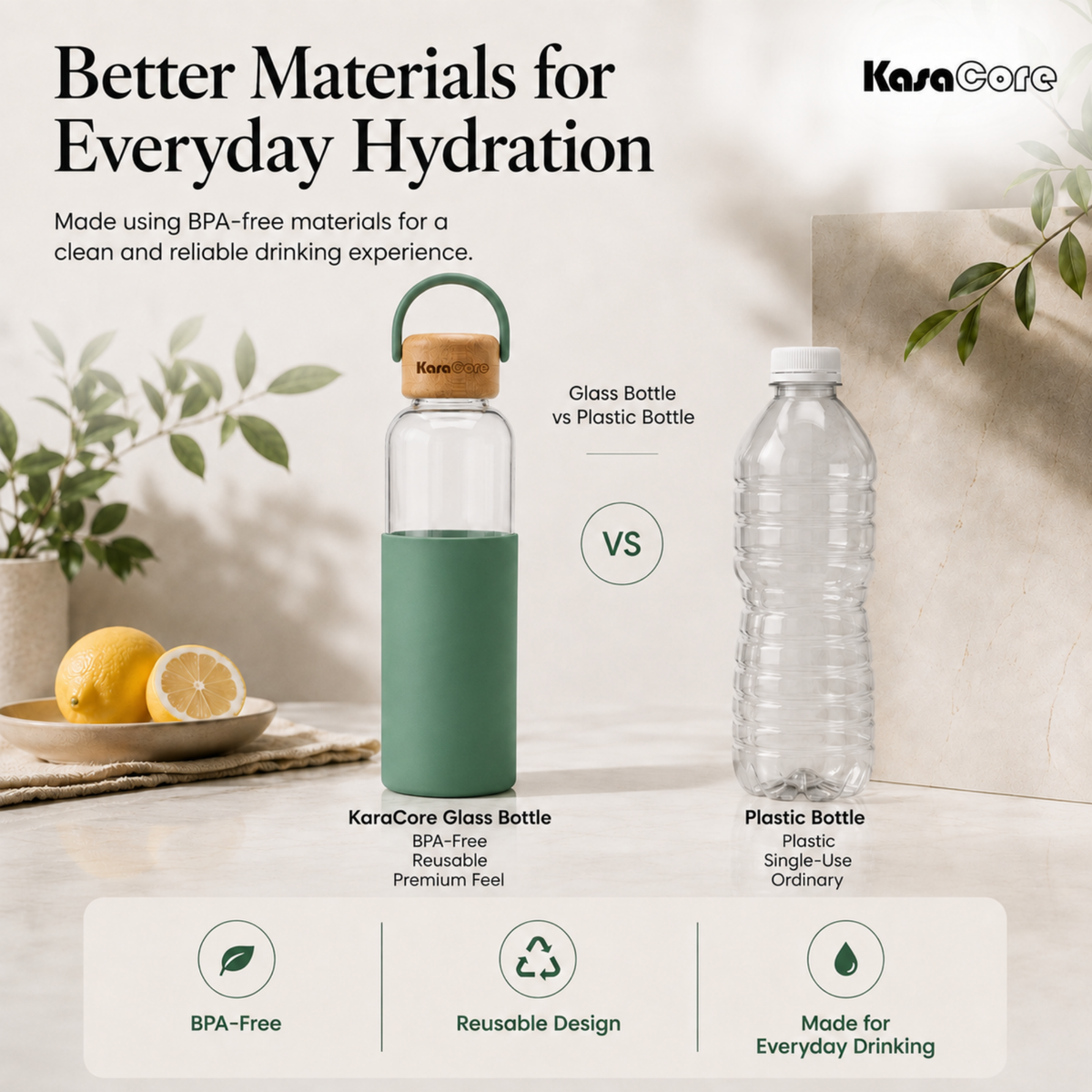 KasaCore Borosilicate Glass Bottle 500ml – Green Sleeve