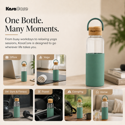 KasaCore Borosilicate Glass Bottle 500ml – Green Sleeve