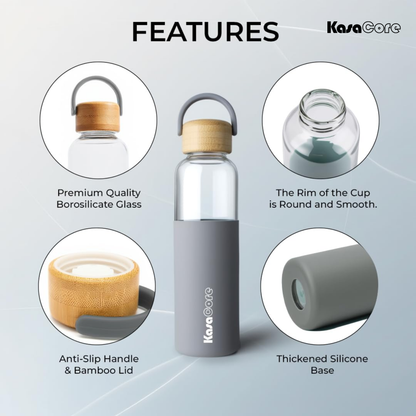 KasaCore Borosilicate Glass Bottle 500ml – Grey Sleeve