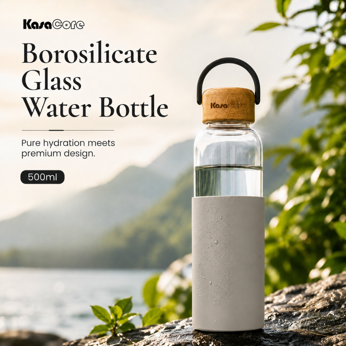 KasaCore Borosilicate Glass Bottle 500ml – Grey Sleeve