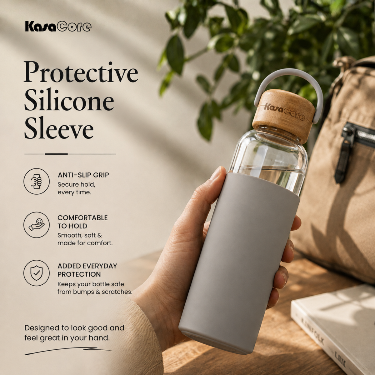 KasaCore Borosilicate Glass Bottle 500ml – Grey Sleeve