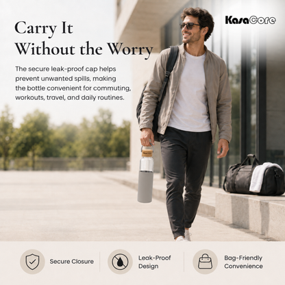 KasaCore Borosilicate Glass Bottle 500ml – Grey Sleeve