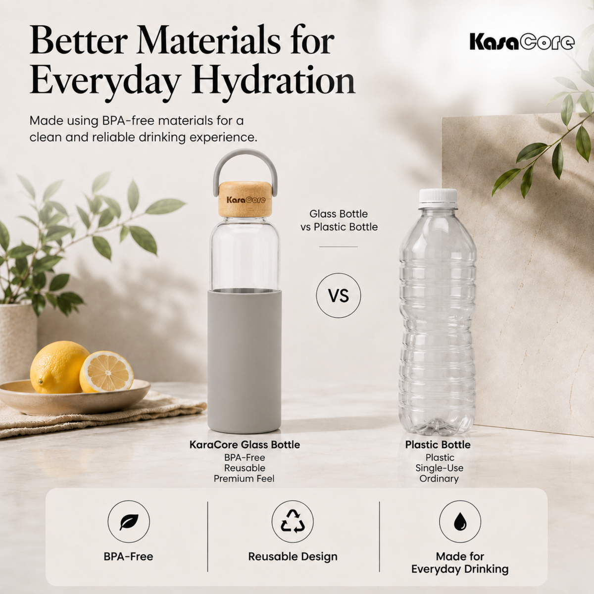 KasaCore Borosilicate Glass Bottle 500ml – Grey Sleeve