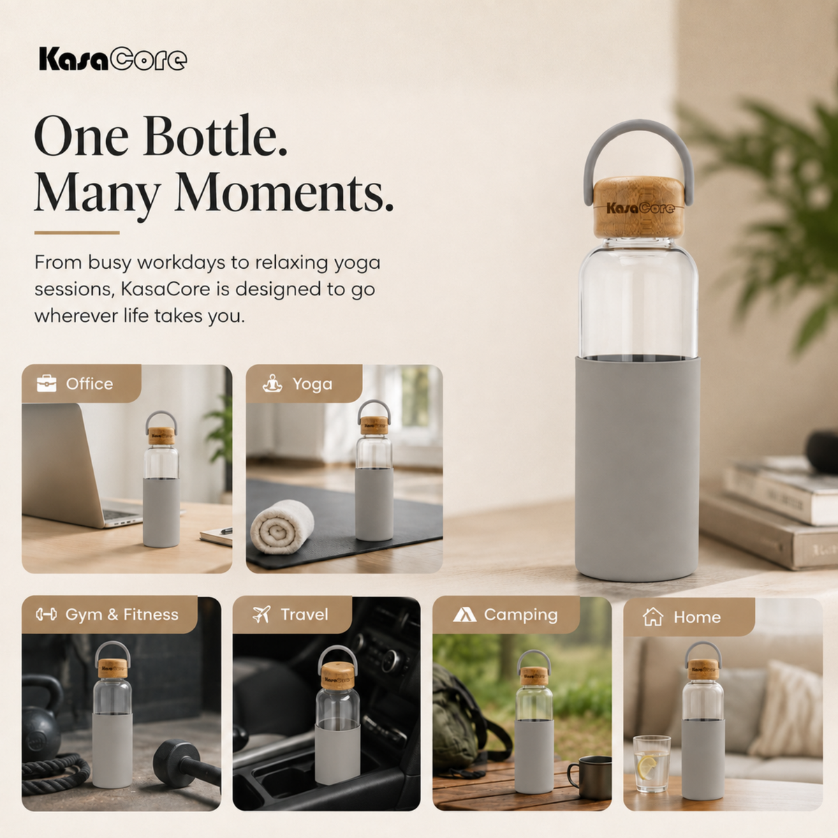KasaCore Borosilicate Glass Bottle 500ml – Grey Sleeve
