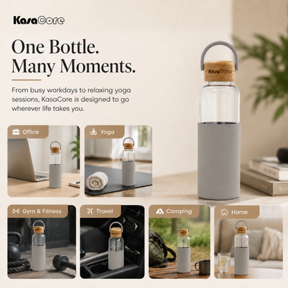 KasaCore Borosilicate Glass Bottle 500ml – Grey Sleeve