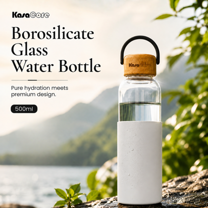 KasaCore Borosilicate Glass Bottle 500ml – White Sleeve
