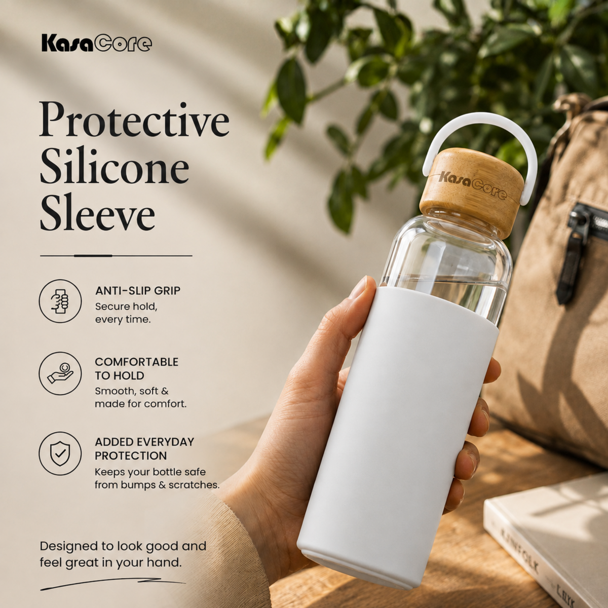 KasaCore Borosilicate Glass Bottle 500ml – White Sleeve